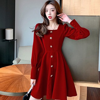 ۞☃👗👗 เดรสคอเหลี่ยม【พร้อมส่ง】เดรสวินเทจ เดรสกำมะหยี่ เดรสเอว