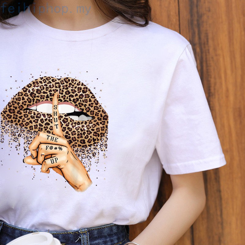 Summer Fashion Shirt Lips Leopard Graphic T Shirt Women Tops Base O-neck white Tees Kiss Leopard Lip Funny Girls Tshirt