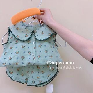 พร้อมส่ง เสื้อแขนกุดเด็กหญิง ชุดเสื้อแขนกุด คอตุ๊กตา กางเกงขาสั้น ลายดอกไม้ เข้ากับทุกการแต่งกาย สไตล์เกาหลี สําหรับเด็กผู้หญิง อายุ 2-6 ปี