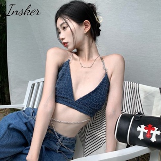 Insker- เสื้อครอปแขนกุด ผ้ายีน เปิดหลัง สีพื้น พร้อมสายโซ่โลหะ สไตล์สตรีท สําหรับผู้หญิง