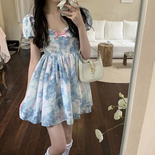 🌸S~2XL สีฟ้า คอเหลี่ยม เอวระบาย สไตล์เกาหลี เดรสหวานสด