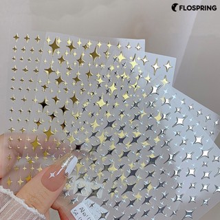 Flospring สติกเกอร์ติดเล็บ เคลือบเงา ไม่ซีดจาง วางง่าย มีกาวในตัว DIY บางพิเศษ สีขาว สีทอง สีดํา สีเงิน เล็บส่องแสง ดาว อุปกรณ์ทําเล็บ