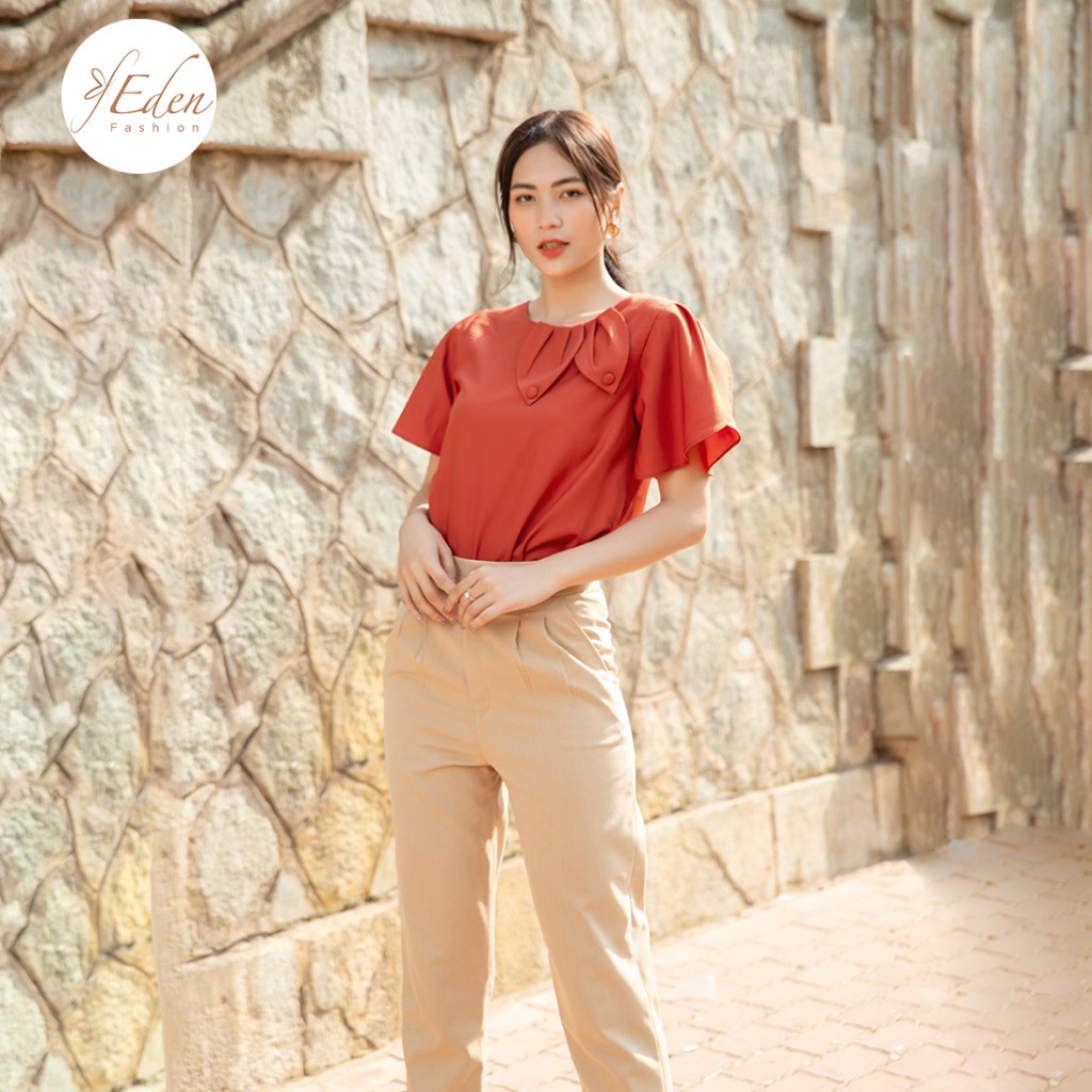 เสื้อเชิ้ตผู้หญิงสํานักงานหลวมวัยกลางคนแขนบานคอกลมจับจีบนุ่มและไม่ยับ - Eden Fashion Store - ASM147