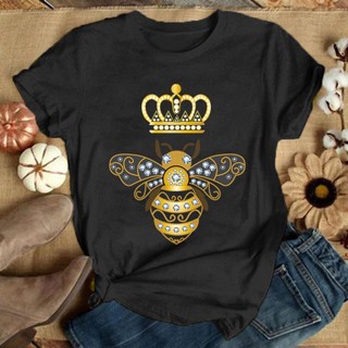 เสื้อยืดแขนสั้น พิมพ์ลายกราฟฟิค Queen Bee น่ารัก แฟชั่นสําหรับผู้หญิง