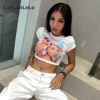 Lanlanlolo เสื้อยืดลําลอง คอกลม พิมพ์ลาย เข้ากับทุกการแต่งกาย แฟชั่นสําหรับสตรี 2023