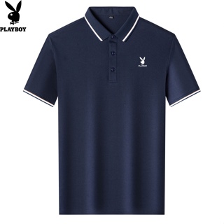 Playboy solid color square neck mens short sleeve printed polo shirt