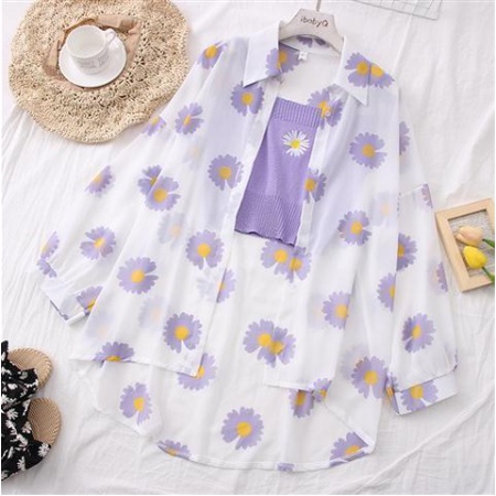 ได้ของเร็ว เสื้อกันแดดผู้หญิงเกาหลี ทรงหลวมผ้าบาง เสื้อเชิ้ตลายดอกเดซี่ฤดูร้อน แขนยาวผู้หญิง - รูปที่ 2