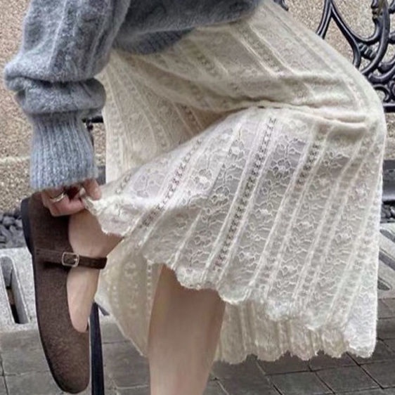 กระโปรงลูกไม้โครเชต์ สวยหรู พร้อมซับใน ทรงเอ ความยาวปานกลาง แฟชั่นฤดูใบไม้ร่วง และฤดูหนาว สําหรับผู้หญิง