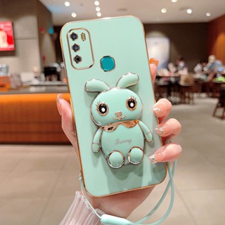 เคสโทรศัพท์มือถือ ชุบไฟฟ้า ลายกระต่ายน่ารัก 360 องศา หรูหรา พร้อมสายคล้อง สําหรับ Infinix Hot 9 Play X680 X680B X680C