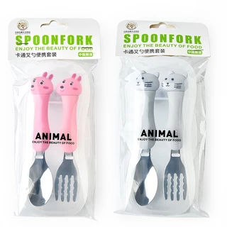 พร้อมส่ง ชุดช้อนส้อมเด็ก ช้อนส้อมหัดทาน มีกล่องใส่ พกพาสะดวก Kid Spoon Fork Set
