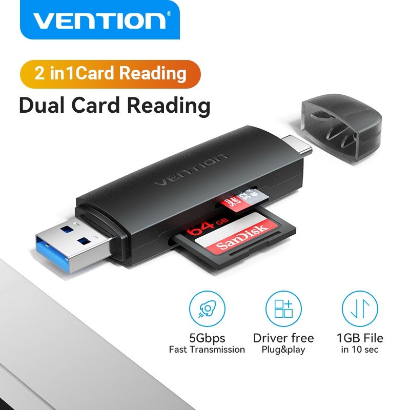 Vention เครื่องอ่านการ์ด USB 3.0 A + C SD / TF Dual Slot Transmission USB 3.0