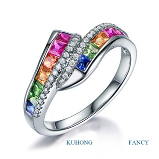 Kuhong แหวนแต่งงาน ชุบเงิน ประดับเพทาย ทรงสี่เหลี่ยม หลากสี หรูหรา แฟชั่นสําหรับผู้หญิง