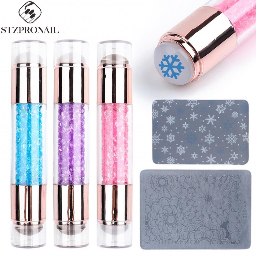 สองด้านเล็บ ผู้ปั๊มแผ่นชุดวุ้นซิลิโคนแสตมป์คริสตัลจับเล็บแสตมป์ภาพลายฉลุเครื่องมือ