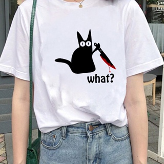 ฤดูร้อนตลกแมวมีดการ์ตูนเสื้อยืดกราฟิก Harajuku Vintage Cat What Murderous T เสื้อ Unisex หลวม Cool Camisetas Tops TeesS-