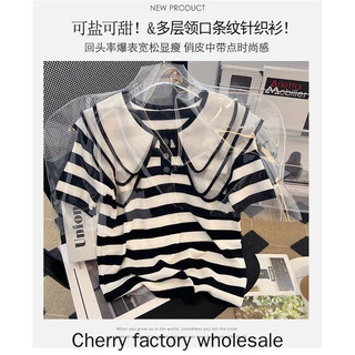 เสื้อเชิ้ตแขนสั้น คอตุ๊กตา ผ้าตาข่าย ทรงหลวม สองชั้น สไตล์เกาหลี แฟชั่นสําหรับผู้หญิงสาวอ้วน