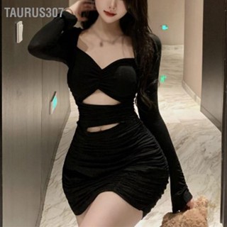 Taurus307 ตัดออก Ruched Bodycon แขนยาวสีบริสุทธิ์ยืดกลวงออกชุดเดรสสำหรับผู้หญิงฤดูร้อน