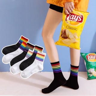 🌈สปอตสินค้า🌈ถุงเท้าผ้าฝ้ายสีรุ้งถุงเท้าลายวิทยาลัยลมเกาหลีถุงเท้าคู่กีฬา
