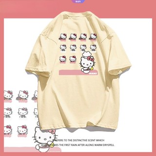 SANRIO ใหม่ เสื้อยืดลําลอง ผ้าฝ้าย แขนสั้น พิมพ์ลายการ์ตูน Hello Kitty น่ารัก สไตล์ญี่ปุ่น สําหรับเด็กผู้หญิง [RAIN]