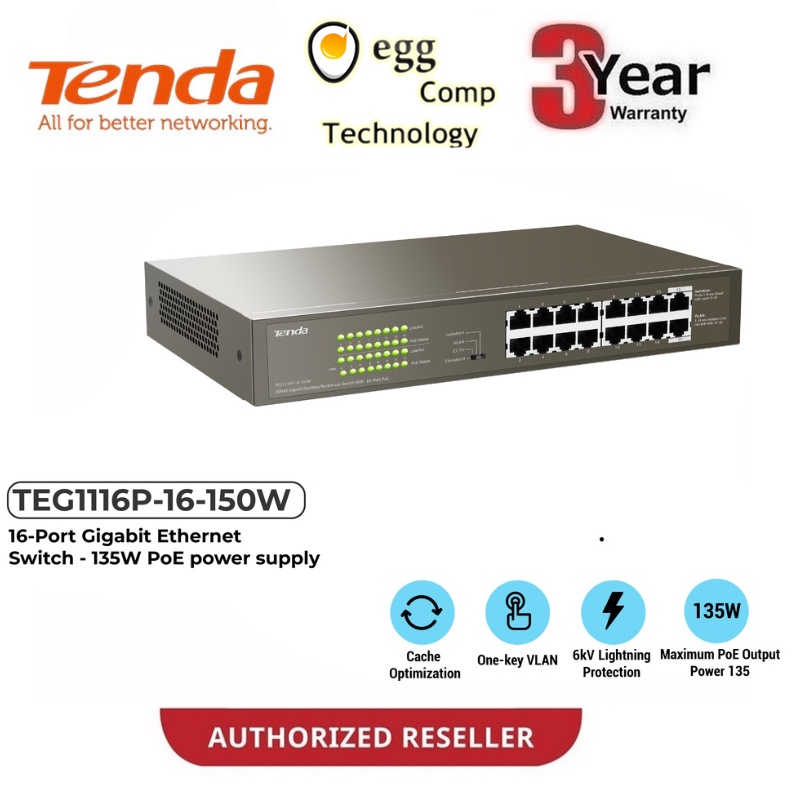 TENDA TEG1116P-16 150W 1000Mbps & POE 16 PORT GIGABIT ETHERNET DESKTOP RACKMOUNT SWITCH 16 PORT POE