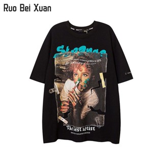 RUO BEI XUAN เสื้อยืดสตรีสไตล์เกาหลีใหม่คอกลมหลวมสบาย ๆ พิมพ์ลายแขนสั้น