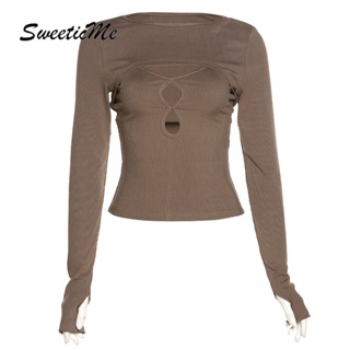 Sweeticme ใหม่ เสื้อยืดลําลอง แขนยาว คอกลม เข้ารูป สีพื้น แฟชั่นสําหรับสตรี 2023