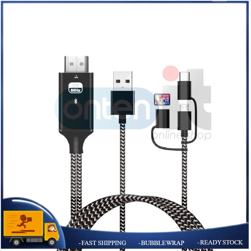 Blue tooth 2K -iP /Micro USB /Type C ( 3 IN 1 ) TO HDTV Adapter Cable TV HDTV- สีดํา