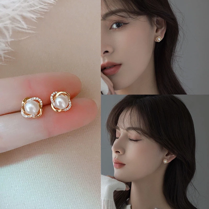 ส925ชุบเงินเกาหลีวินเทจต่างหูมุกกระดุมหูสําหรับผู้หญิงสาว