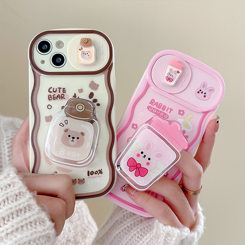 เคสโทรศัพท์มือถือ แบบนิ่ม ลายการ์ตูนหมี และกระต่าย มีสไลด์ป้องกันเลนส์กล้อง สําหรับ iPhone 15 Pro Max 14 Pro Max 11 12 13 Pro Max 12Pro 15 Max