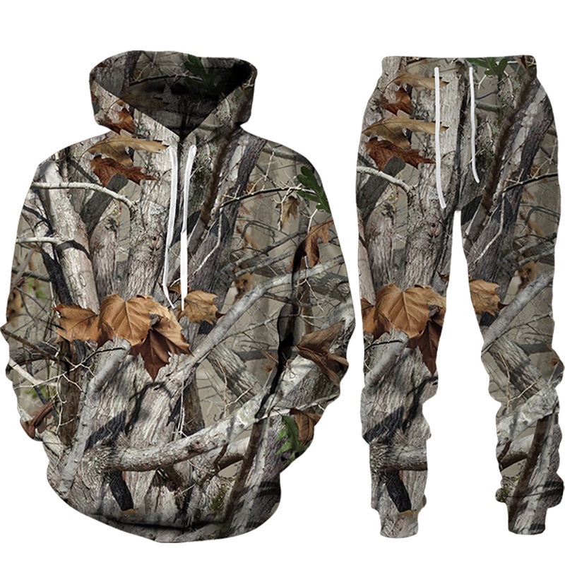 เสื้อกันหนาว มีฮู้ด พิมพ์ลายใบเมเปิ้ล และสน ไบโอนิค 3D ลายพราง ตลก สําหรับผู้ชาย และผู้หญิง 2 ชิ้น