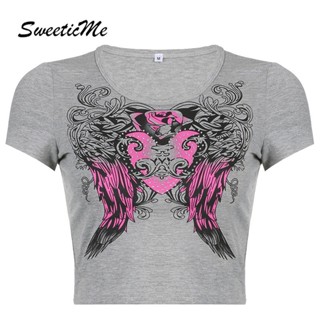 Sweeticme ใหม่ เสื้อยืดลําลอง แขนสั้น คอกลม ทรงสลิม พิมพ์ลาย แฟชั่นสําหรับสตรี 2023