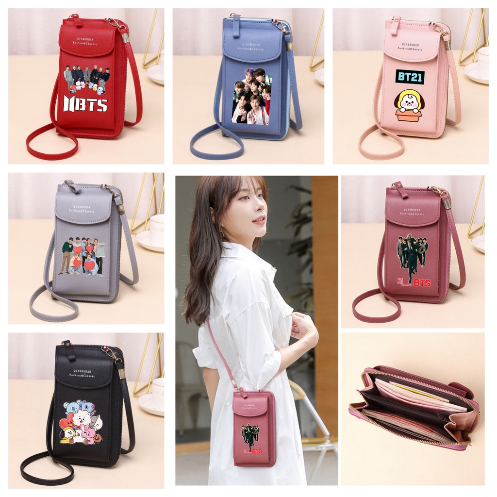 กระเป๋าสะพายไหล่ กระเป๋าสตางค์ ใบยาว ลาย BTS BT21 ใส่โทรศัพท์มือถือได้ สไตล์เกาหลี