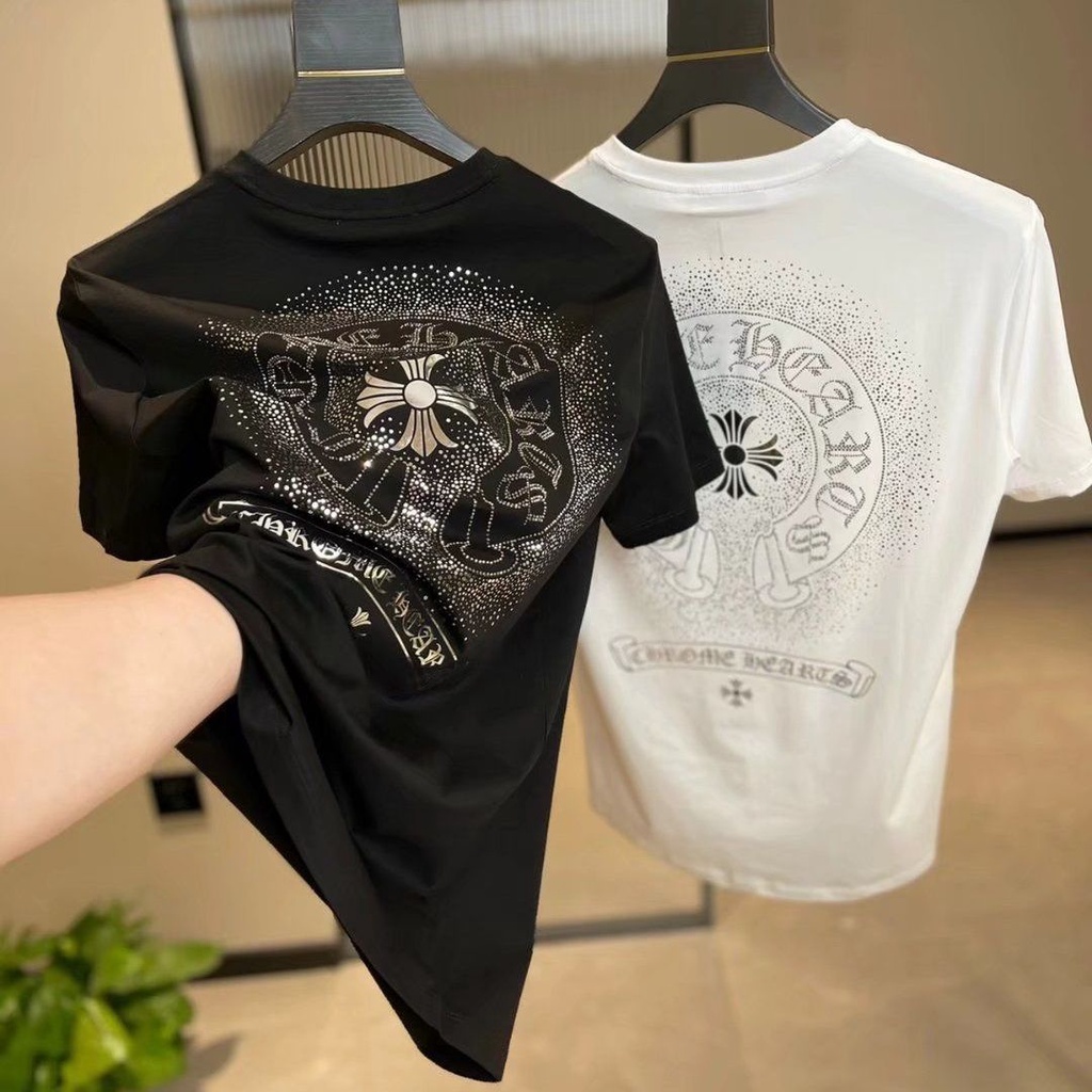 T เสื้อผู้ชายแขนสั้น Cross Back Hot Rhinestone ด้านหน้าพิมพ์ Breathable Cotton Bottoming เสื้อ DIA Boys Top