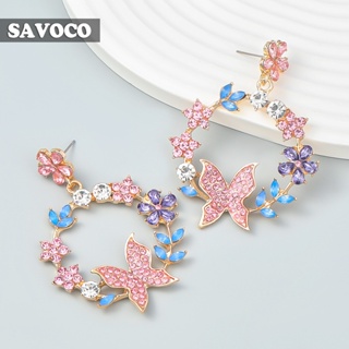 Savoco ต่างหูระย้า จี้รูปผีเสื้อ ดอกไม้ ประดับพลอยเทียม สไตล์วินเทจ เครื่องประดับแฟชั่น สําหรับผู้หญิง SE063