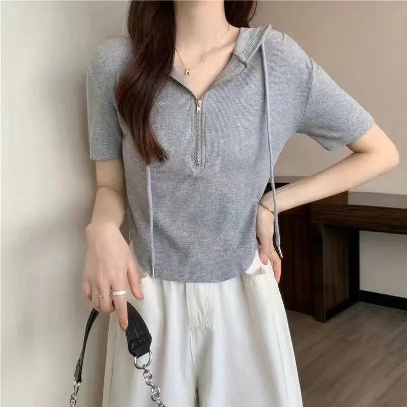 【WJZ】 เสื้อยืดผู้หญิงแขนสั้นดีไซน์ซิปสไตล์เกาหลี【8310】