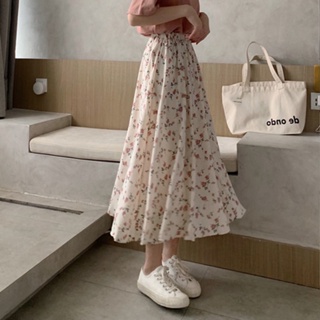 Broken Floral Skirt Women Elastic Waist A-line Fresh Temperament Slimming Long Skirts