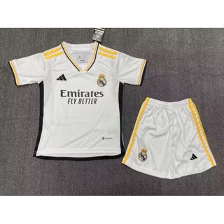 เสื้อกีฬาแขนสั้น ลายทีมฟุตบอล Real Madrid 2324 และกางเกงขาสั้น คุณภาพสูง สําหรับเด็ก