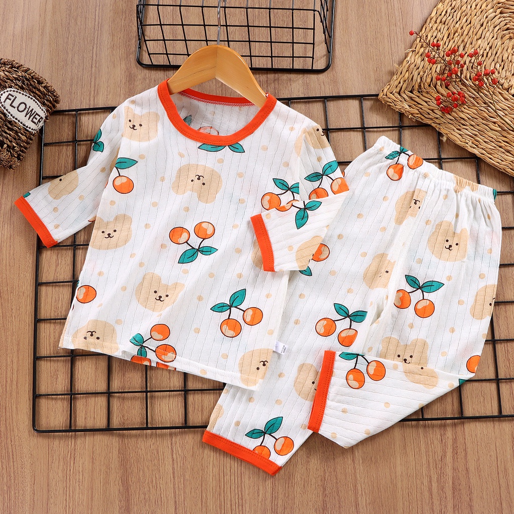 80-150 ซม. เด็ก เครื่องปรับอากาศ เสื้อผ้า เด็กผู้ชาย เด็กผู้หญิง สไตล์บาง ระบายอากาศ ผ้าฝ้ายบริสุทธิ์ ชุดนอน แขนสามส่วน ชุดอยู่บ้าน สองชิ้น พร้อม