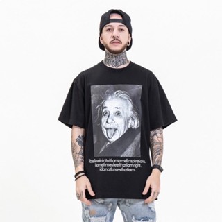 ย้อนยุคเสื้อยืดผู้ชายทรงโอเวอร์ไซส์ เสื้อฮิปฮอป einstein ไอสไตน์ ไอน์สไตน์ เสื้อแรปเปอร์ ยังโอม ovp มาใหม่ เสื้อเท่ๆS-5X