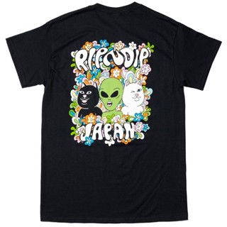 เสื้อยืดแขนสั้น ผ้าฝ้าย ทรงหลวม พิมพ์ลายการ์ตูนแมว Ripndip mean สไตล์ญี่ปุ่น สําหรับผู้ชาย และผู้หญิง