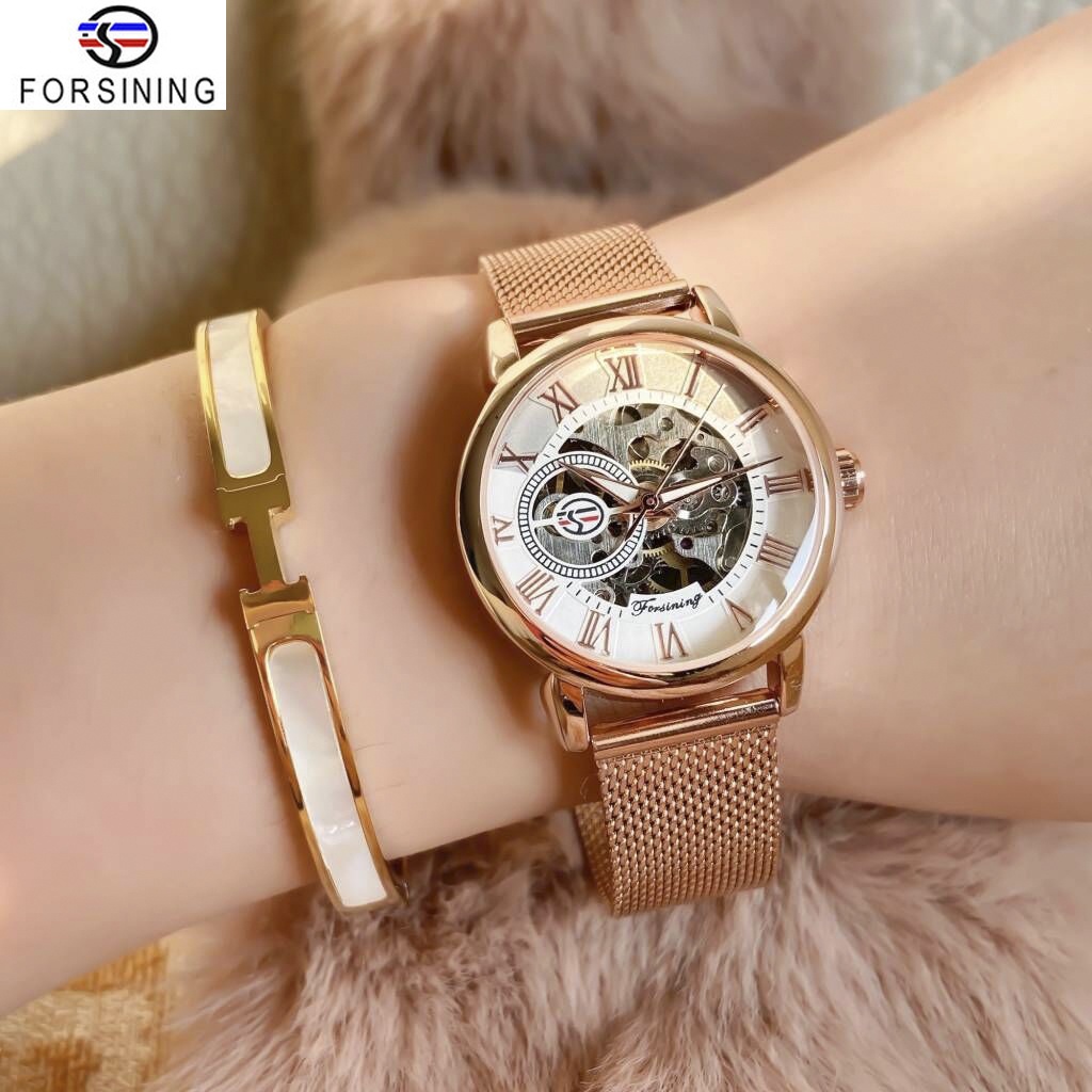 Forsining Watch แฟชั่นหรูหรา Rose Gold Hollow สุภาพสตรีนาฬิกากลไกตัวเลขโรมันนาฬิกาโปร่งใสนาฬิกาสแตนเลส ของขวัญผู้หญิง
