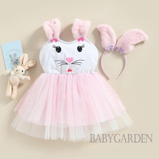 Babygarden-0-3 ปี เด็กผู้หญิง อีสเตอร์ แขนกุด คอกลม พิมพ์ลายกระต่าย Tulle Patchwork ชุดเดรสทรงเอ พร้อมที่คาดผม