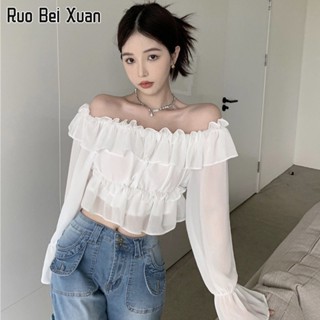 RUO BEI XUAN เสื้อสตรีแฟชั่นสไตล์เกาหลีใหม่คอระบายเสื้อเซ็กซี่