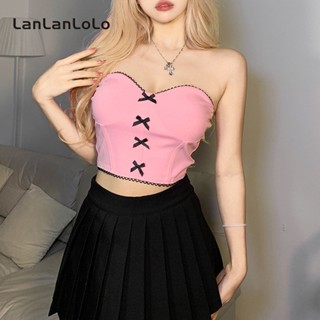 Lanlanlolo เสื้อครอปท็อปเซ็กซี่ เข้ารูป สีพื้น แฟชั่นสําหรับผู้หญิง 2023