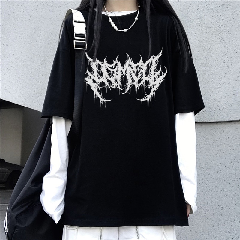 s T-shirt Harajuku Y2K Top Couples Retro Korean Black Demon Punk Gothic Anime Print Dark Clothes_01