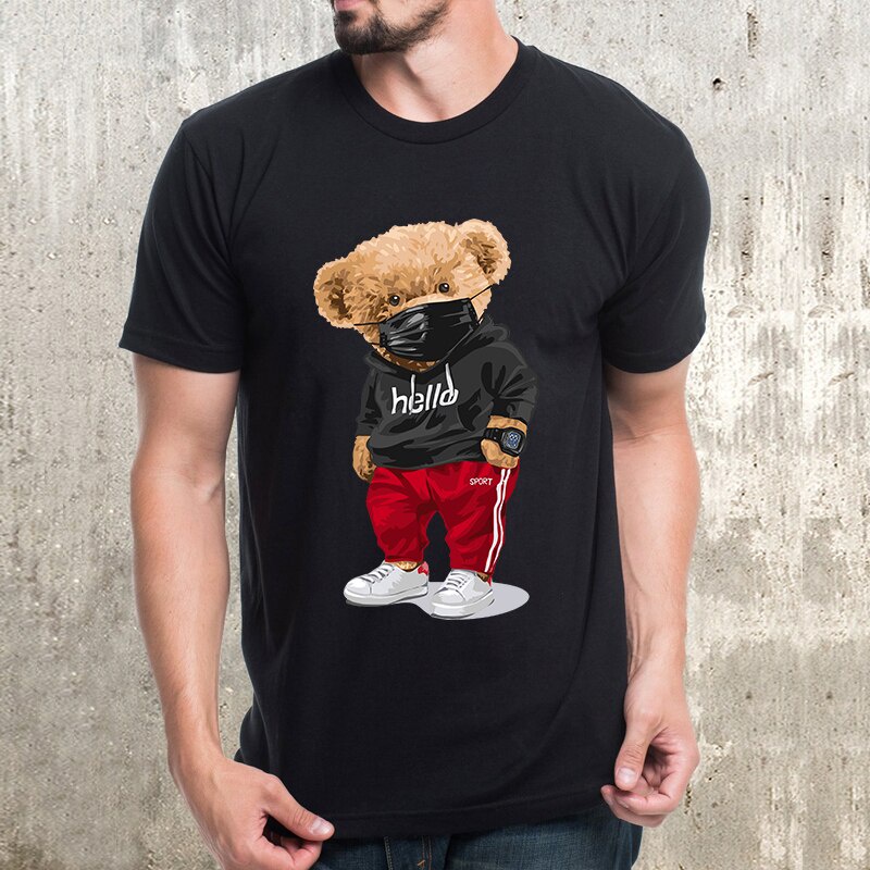 Hot Sale Teddy Mask Bear Print Unisex Black T Shirt Men T Shirt Oversized Graphic Short Sleeve 100% Cotton Clothes _09