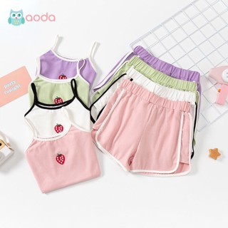 Aoda 2 ชิ้น / ชุดเสื้อผ้าเด็กผู้หญิงเสื้อกั๊กสีสตรอเบอร์รี่ + กางเกงขาสั้นแบรนด์เสื้อผ้าฤดูร้อนชุดนอนเด็กชุดลำลองแขนกุดถัง S