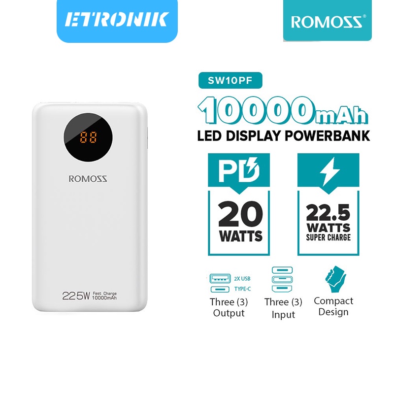 ETRONIK Romoss SW10PF 10000mAh Powerbank 22.5W PD20W 3 อินพุตและ 3 เอาต์พุต Fast Charging Mini Power Bank
