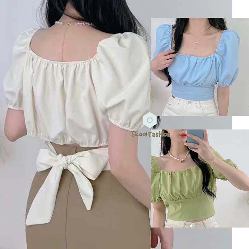NEW เสื้อครอปสีพื้นโทนสีเรียบๆ ครอปคอเหลี่ยม ผูกโบว์ด้านหลังคิ้วท์ๆ