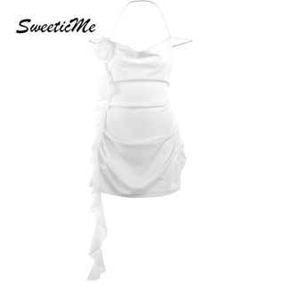 Sweeticme ใหม่ ชุดเดรสแขนกุด คอวี ผ้าตาข่าย สีพื้น แฟชั่นสําหรับสตรี 2023