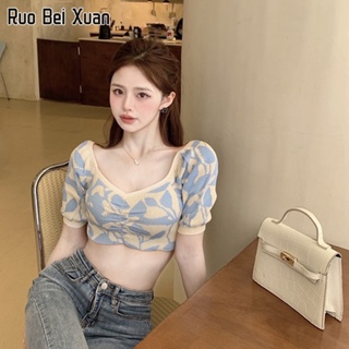 RUO BEI XUAN เสื้อแขนสั้นผู้หญิงใหม่สไตล์เกาหลีแฟชั่นคอวีเอวสูงเซ็กซี่เสื้อยืดแขนสั้น